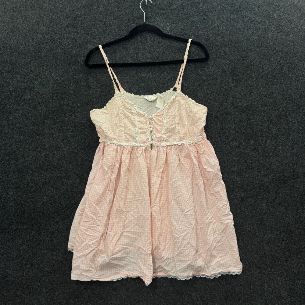 Vintage Eileen West 80s Pink Gingham Cotton Lace Nightgown Large Sleeveless